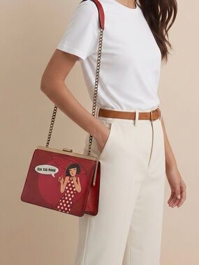 Red Graphic Frame Crossbody Bag | Gold Chain Strap | Structured Statement Purse